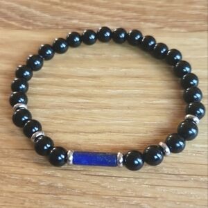 Blue Lapis Lazuli & Black Onyx Bead Stretch Hand Crafted Bracelet